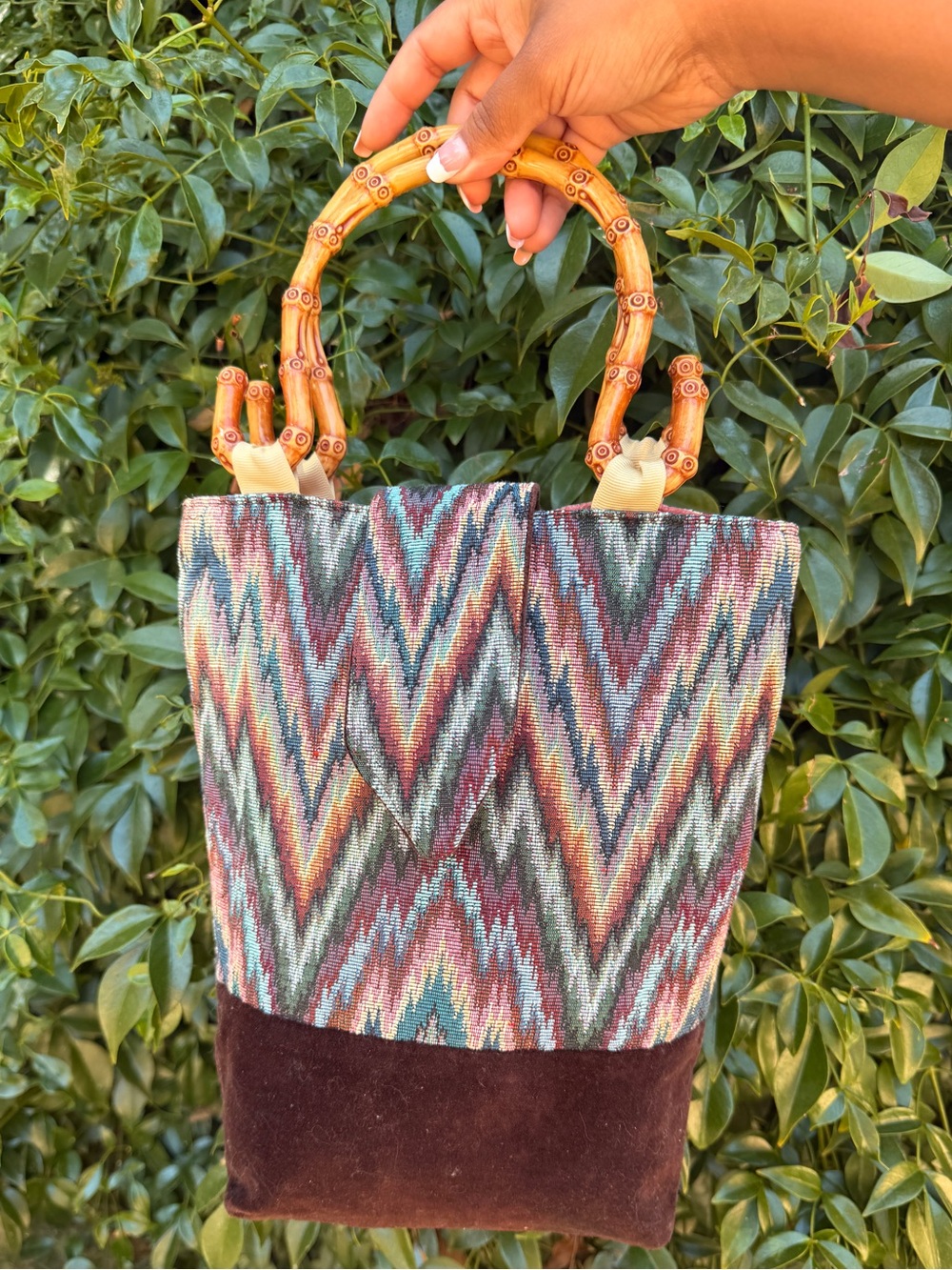 Missoni Inspired Boho Knit Handbag with Bamboo Handles | Zigzag Woven Tote Purse